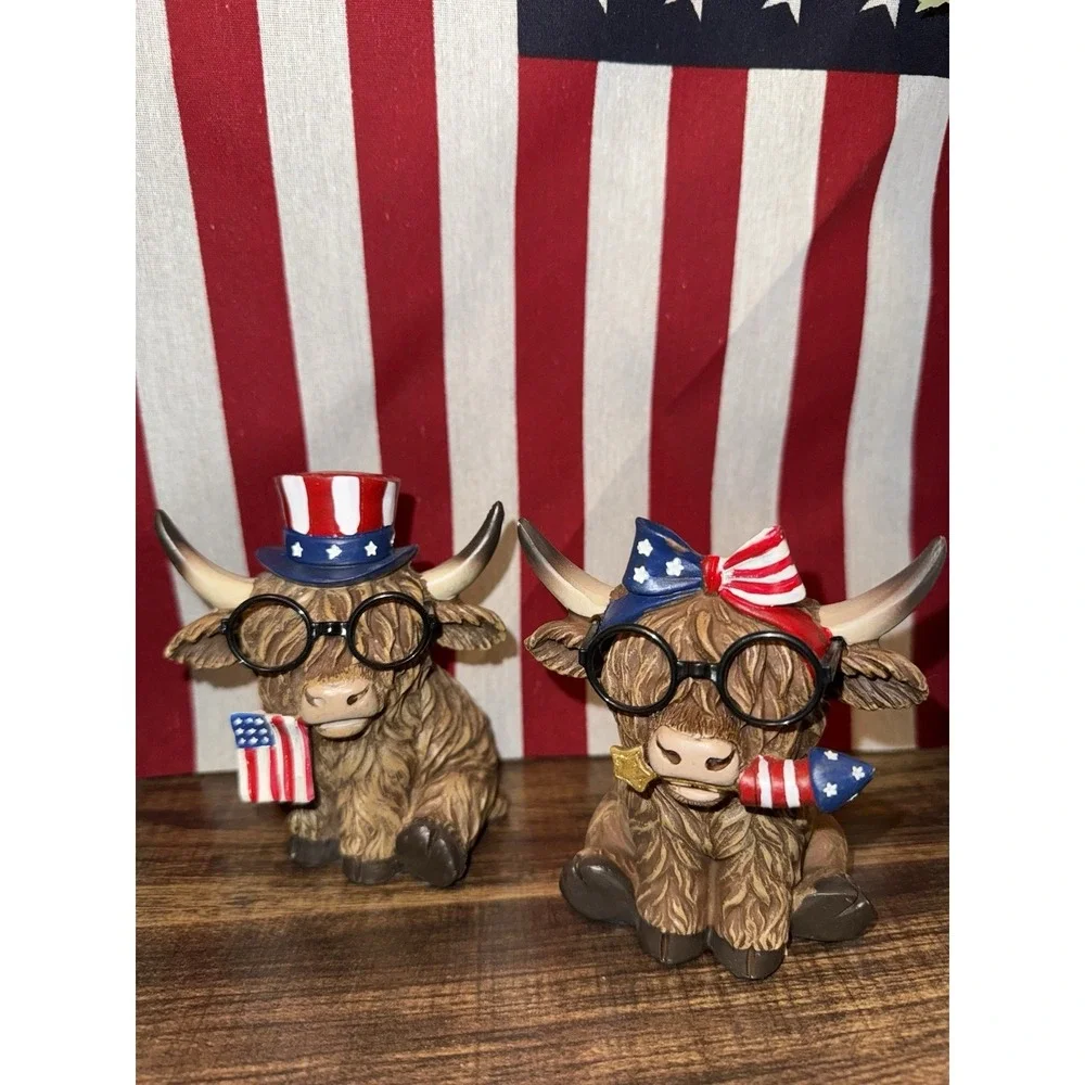 Patriotic Highland Cow Figurine Set‎ 4th Of July Bow Flag Fireworks Glasses New